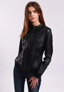 Lee Cooper Leather Jacket With Round Collar - 2 Zipped Side Pockets - - Veste En Cuir - Black